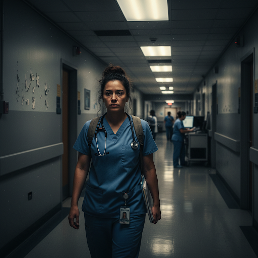 Essential worker in a dimly lit hospital hallway